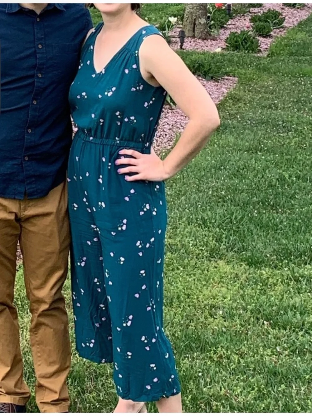 Old Navy Teal V-Neck Floral Sleeveless Jumpsuit